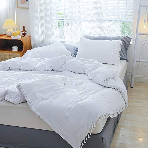 Smoofy White Duvet Cover, 3 Pieces Boho Style Microfiber Tasseled Bedding Sets with Zipper Closure(White, Queen)