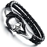 Prime Leader Fashion Jewelry Black Gothic Biker Men'S Skull Bracelet Leather Wrap Bangle Stainless Steel Clasp 10Mm Width 7.09 Inch