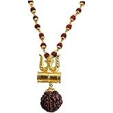 BRO Mart Gold-Plated Brass, Wood Lord Shiv Trishul Damru Locket with Panchmukhi Rudraksha Mala for Men and Women