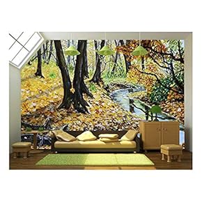 Autumn Forest with a Stream Original Landscape Painting. - Removable Wall Mural | Self-Adhesive Large Wallpaper - 66x96 inches