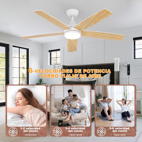 Dorlink Ceiling Fan Lamp with Remote Control, Ø132 cm, 6 Speeds, Timer, 34W DC Motor, Summer-Winter Function, Fan Lamp for Indoor Bedroom, Natural Wood Colour/White