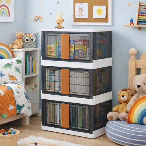 Keqin 3 Pack Collapsible Storage Bins with Lids & Wheels, Large Capacity Plastic Toy Storage Container, Multi Layered Transparent Organizer Box for Home Office Trunk Outdoor, 19 Gal