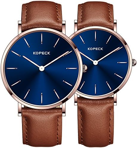 KOPECK His and Hers Ultra Thin Stainless Steel Quartz Wrist Couple Watches for Lovers (brown leather)