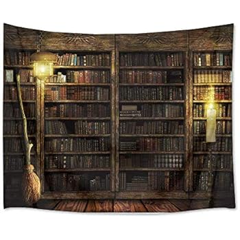 HVEST Magical Castle Tapestry Books on Bookshelf with Witch's Broom Wall Hanging Vintage Library Tapestries for Bedroom Living Room Dorm Decor,80Wx60H inches