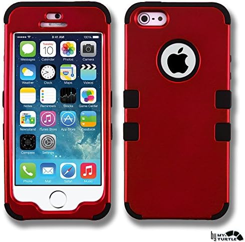 MYTURTLE Hybrid Phone Case for Apple iPhone SE 5S 5 Shock-Absorption and Anti-Scratch Bumper Back Cover Bundled with New Generation [9H Flexible Nano Glass] Screen Protector, Red Black