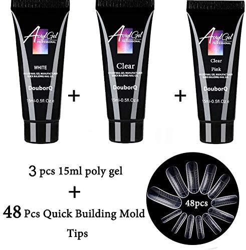 Lasting Finger Nail Crystal Jelly Camouflage Adhesive,Free Of Paper And Painless Durable Nail Gel 15ML (3 PC Poly Gel+48PC Fake nails)