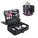 FLYMEI Large Makeup Organizer Bag, Travel Makeup Case 3 Layer Professional Cosmetic Organizer, Black Makeup Train Case with Shoulder Strap Portable Cosmetic Brush Organizer