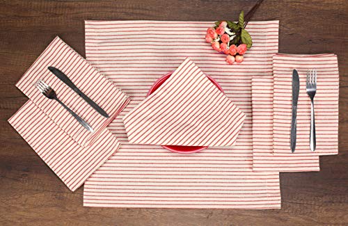 Native Fab Set of 12 Farmhouse Stripe Cloth Dinner Napkins Cotton 18x18 Absorbent Soft Restaurant Hotel Quality, Everyday Use Easy Care Washable Wedding Dinner Napkins Red Beige