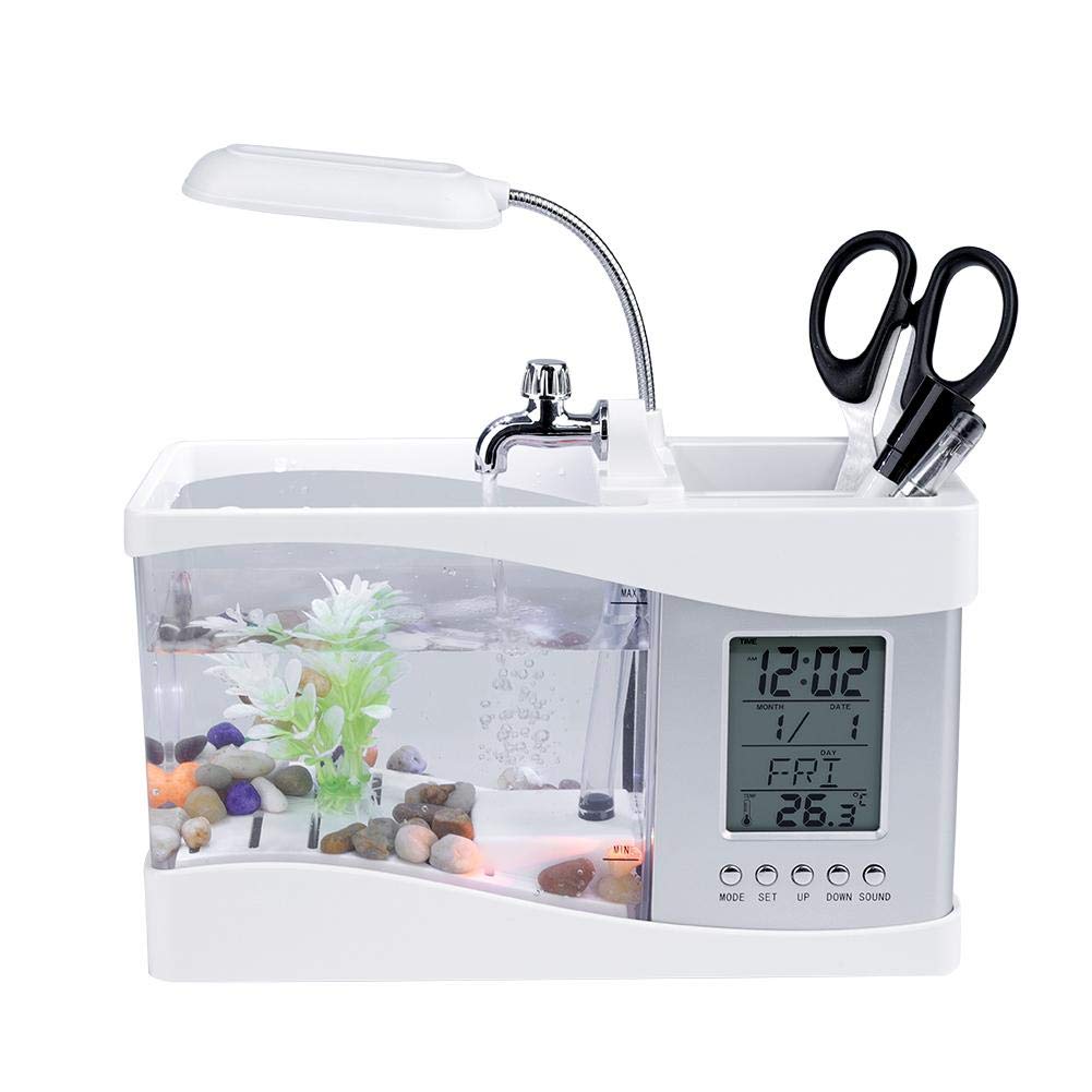 Asixx Mini Fish Tank, USB Rechargeable Aquarium with LED Light, LCD Display, White