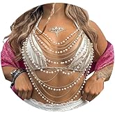 White Pearl Tassel Chest Chain for Women Summer Multi-layered Harness Beaded Bra Chain Festival Rave Pearl Hang Neck Lingerie Chain Body Jewelry