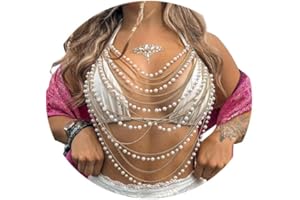 White Pearl Tassel Chest Chain for Women Summer Multi-layered Harness Beaded Bra Chain Festival Rave Pearl Hang Neck Lingerie