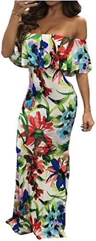 Tuesdays2 Women Off Shoulder Floral Print Summer Beach Bodycon Evening Maxi Dress (S, Green)