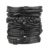 Beauty7 6PCS Black Mixed Genuine Cowhide Leather Bracelet Men Women Braided Adjustable Multi-layer Ethnic Tribal Wrap Bracelet Wood Bead Hemp Cord Cuff Wristband