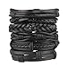 Beauty7 6PCS Black Mixed Genuine Cowhide Leather Bracelet Men Women Braided Adjustable Multi-Layer Ethnic Tribal Wrap Bracelet Wood Bead Hemp Cord Cuff Wristband