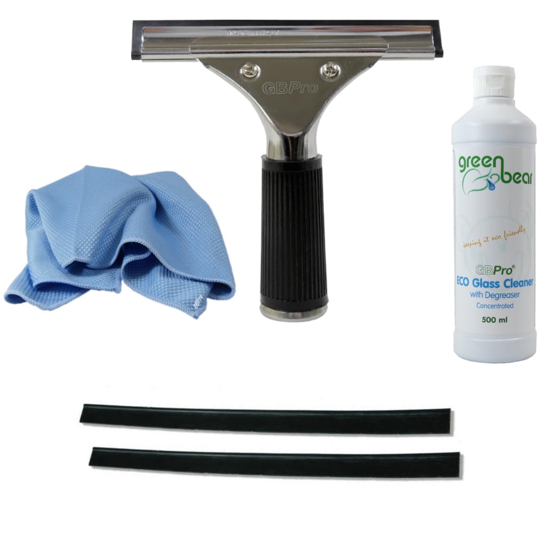 GBPro Professional Window Squeegee Stainless Wiper 15cm / 6 inch + Glass Cleaner 500ml,Fishscale Microfibre Glass Cloth, Machine Cut High Grade Rubber Blade x2