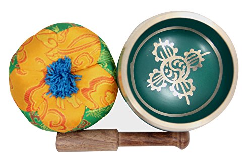 DharmaObjects Tibetan Meditation Om Mani Singing Bowl / Cushion / Mallet (Green)