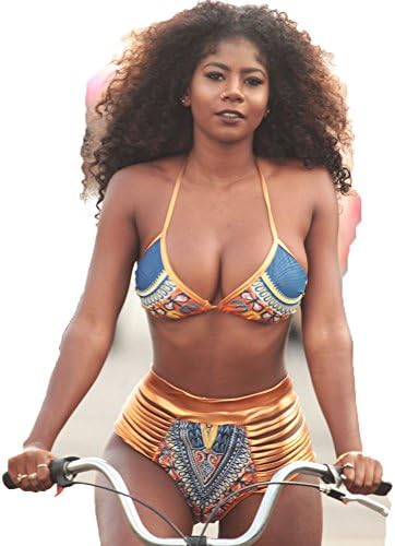 Favor_stylish Women's High Waisted Cut Out Retro Printing Bikini Sets Swimsuit (Large, Blue)