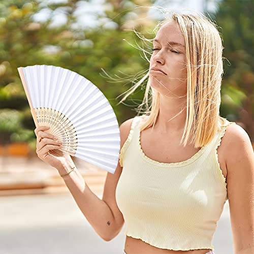 JOHOUSE 12PCS White Folding Fans, Handheld Fabric Fan Foldable Chinese Japanese Bamboo Fans for Women Wedding Dancing DIY Wall Decoration