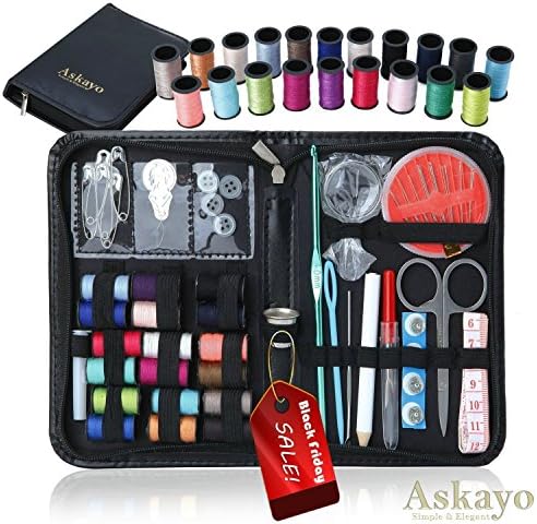 Askayo Sewing Clothing Repair Kit with Needles, Scissors, Thimble, 38-Count Colored Thread Spools and Zipper Carry Case