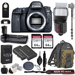 Canon EOS 6D Mark II Wi-Fi DSLR Camera Body - with Pro Battery Grip, TTL Flash, Canon Pro Backpack,128GB Memory, LP-E6N Replacement Battery, 72