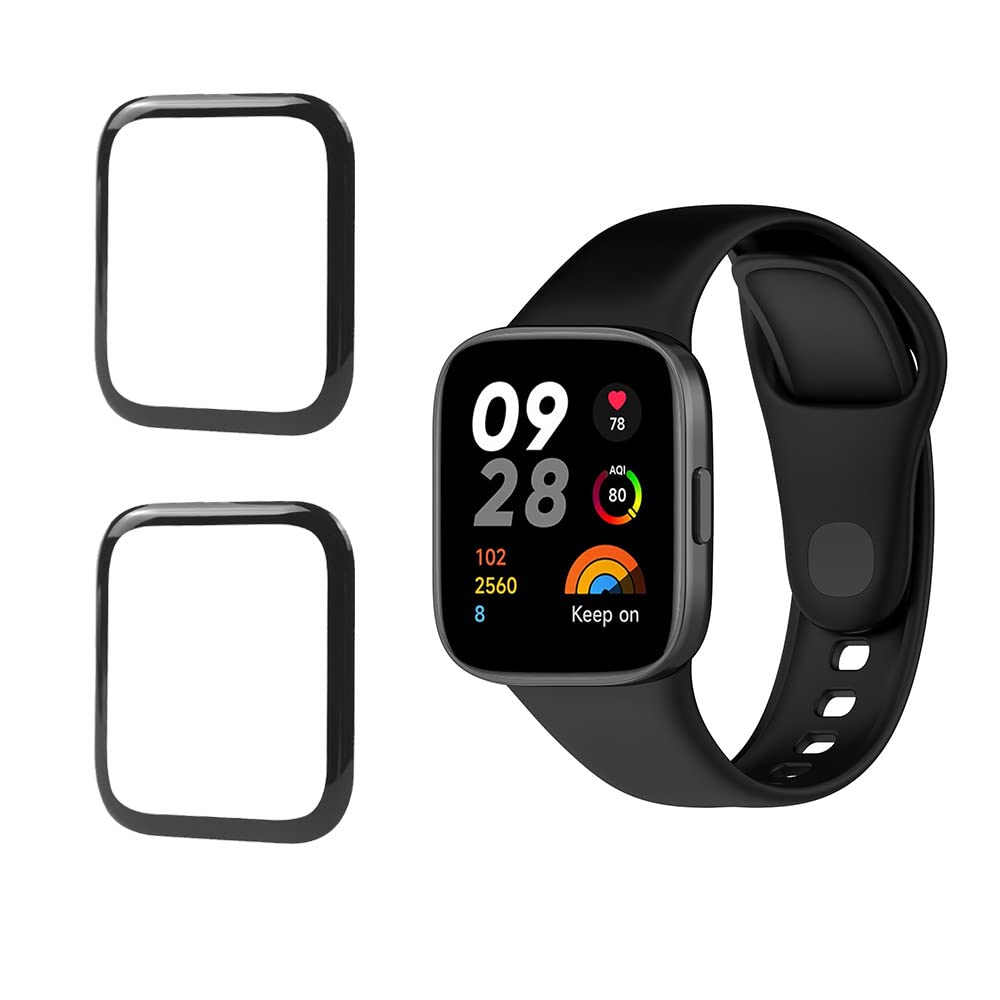 QINOUK Silicone Strap for Xiaomi Redmi Watch 3, [Breathable] Soft Silicone Replacement Band, [2 Pack] Screen Protective Film, for Xiaomi Redmi Watch 3-Black