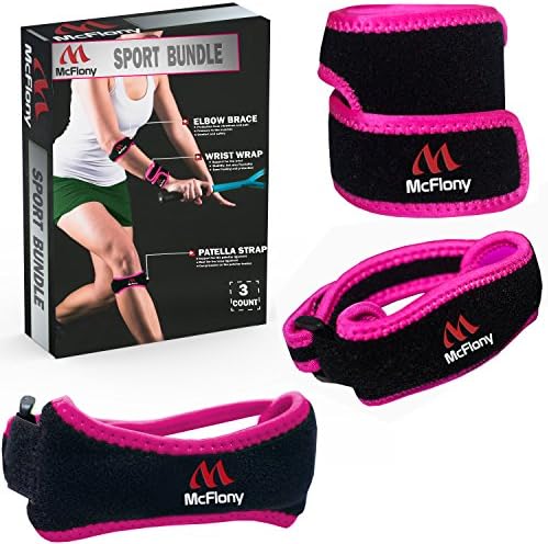 Tennis Elbow Brace &amp; Patella Strap &amp; Wrist Wrap by Mc Flony - Elbow Support, Knee Support &amp; Pain Relief with Compression Pad for Tennis &amp; Golfer's Elbow Black &amp; Green, Unisex-All Sizes-Set of 3 (Pink)