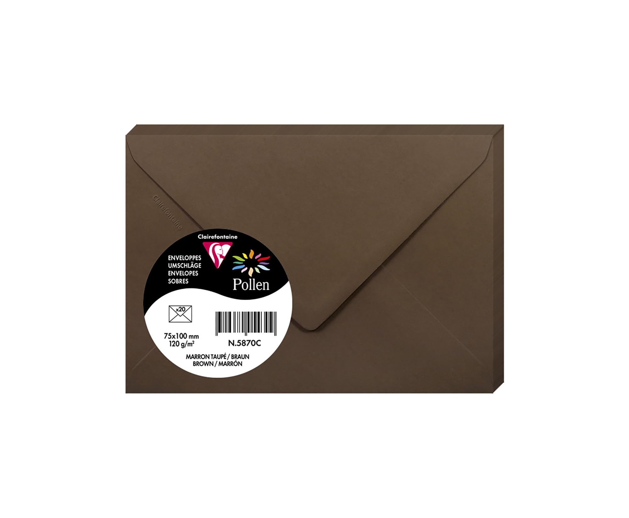 Clairefontaine 5870C Pack of 20 Gummed Envelopes Format 7,5x10cm 120g/m² Colour Brown Invitation Events Correspondence Range Pollen Premium Smooth Paper