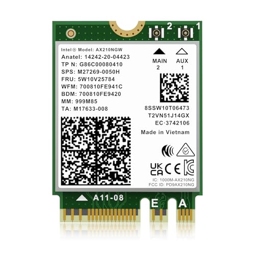 Placa sem fio WiFi 6E Intel AX210NGW, Bluetooth 5.3 Tri-Band 5400Mbps M.2/NGFF para PC Laptop AX210 placa de rede compatível com Windows 10/11 (64 bits)