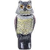 Ohuhu Horned Owl Decoy with Tweet, Light-control System Natural Enemy Pest Deterrent Scarecrow with Rotating Head Pest Control Repellents