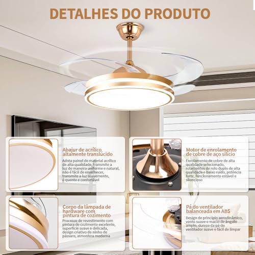 Ventilador de Teto 107CM Dourado, Inverter de 6 Velocidades, Ventilador de Teto com Controle Remoto, 4 Pás, Diâmetro da Lâmpada 49cm, Controle Remoto, LED 72W 3 Cores Altermáveis