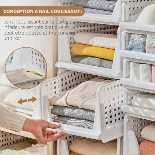 RMAN 8 x Foldable Stackable Plastic Storage Box for Clothes, Trousers, Bedrooms, Dressing – White