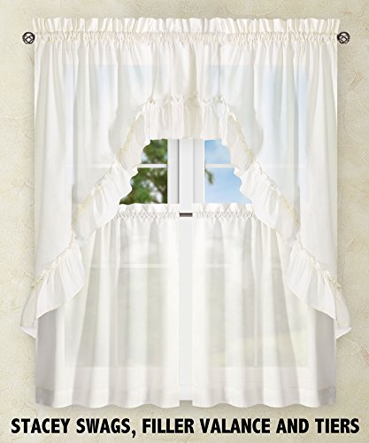 Ellis Curtain Stacey Sheer 56-by-30 Inch Tailored Tier Pair Curtains, Ice Cream, 56x30 - Thumbnail 7