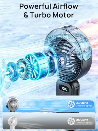 HandHeld Misting Fan Portable - High Speed Hand Held USB Rechargeable Fans with Mist & LED Display, 6000mAh Battery Operated Personal Small Mini Foldable Desk Desktop Fan for Travel Outdoor (Black)