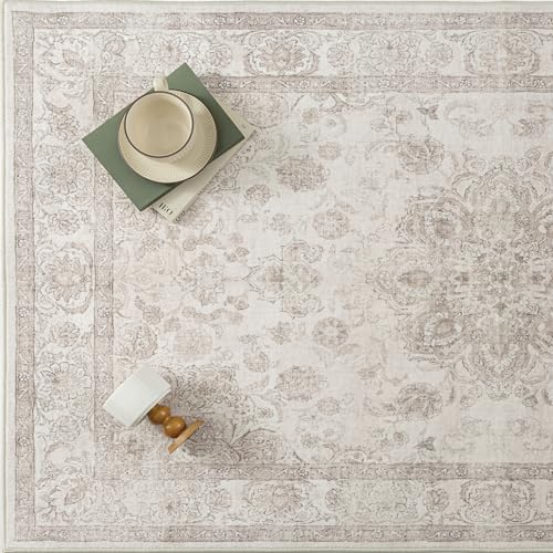 PureCozy Washable Area Rug 8x10 Beige Vintage Living Room Bedroom Carpet Non Slip Soft Low Pile Distressed Medallion Indoor Floor Retro Throw Large Rug for Dining Room Office