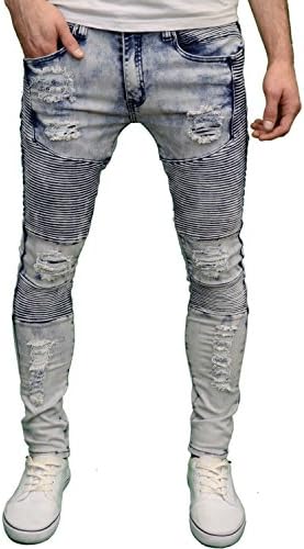 Soulstar Mens Designer Light Blue Stretch Skinny Fit Biker Ripped Jeans