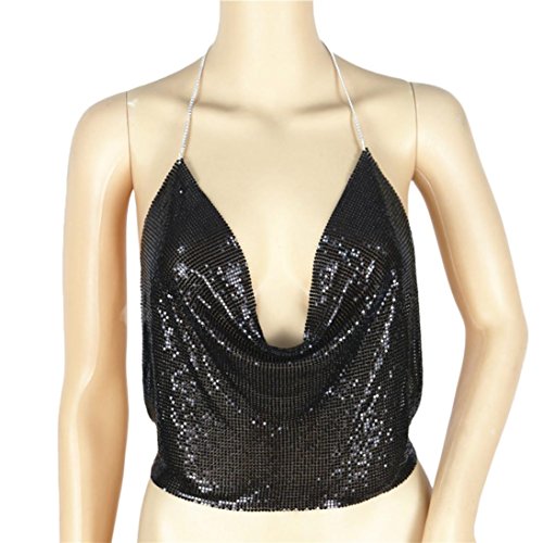 Sequins Crop Tops, Hot Sale! Tloowy Women Sexy Halter V-neck Vest Tank Tops Backless Sleeveless Bra Club Wear Nightclub (Black) - Thumbnail 2