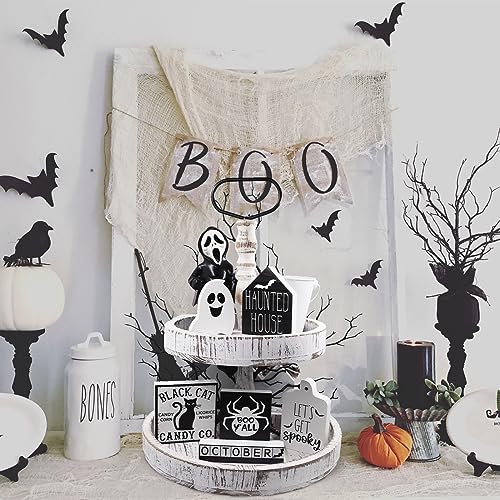MISBEST Halloween Tiered Tray Decor,Halloween Decorations Hunted House  Black Cat BOO Spooky Halloween Table Wo