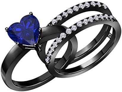 1.50 Ct Heart Shape Blue Sapphire &amp; Simulated Diamond Enhancer Solitaire Engagement Ring 14k Black Gold Plated Guard Wrap Jacket