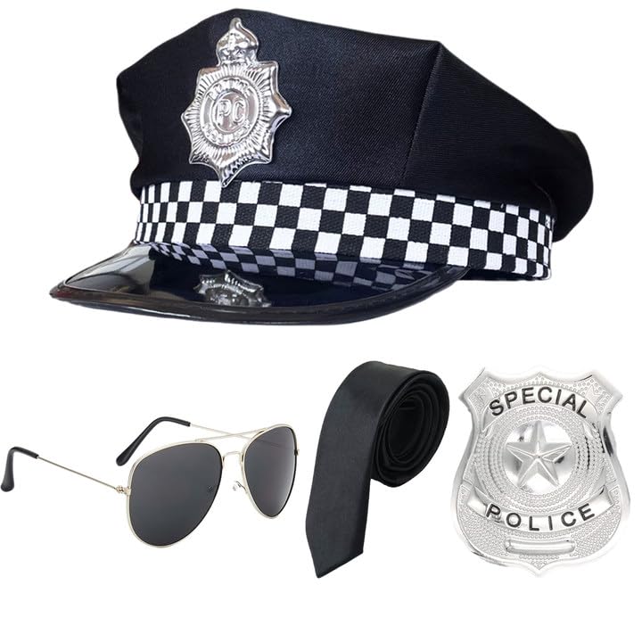 SKHAOVS 4-Piece Police Fancy Dress Set: Adult Unisex Police Costume Accessories with Hat, Tie, Sunglasses, Badge for Cosplay, Halloween, Parties