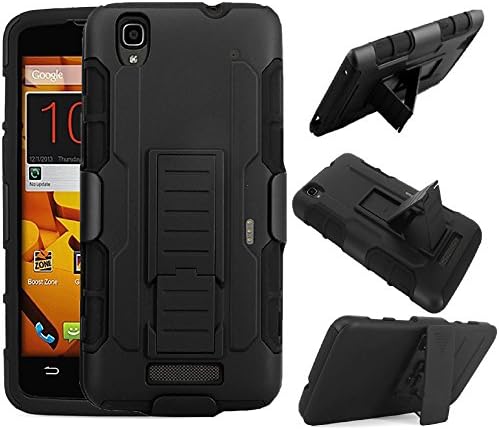 ZTE Boost MAX + N9520 Case [SlickGearsTM] Heavy Duty Rubberized Full Body Shock Impact Protection Dual Layer Hybrid Tactical Armor Kickstand Work Case with Belt Clip Carrying Holster (Black)