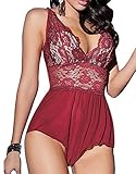 NINGMI Deep-V Lace Babydoll Lingerie Perspective Nightwear Sexy Chemises,Red,Medium