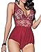NINGMI Deep-V Lace Babydoll Lingerie Perspective Nightwear Sexy Chemises,Red,Medium
