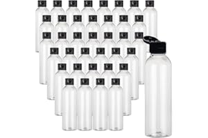 ROAKFONK 38 Pcs Plastic Travel Bottles, Refillable Squeeze Travel Containers, Bottles with Black Disc Top Flip Caps for Travel, 7 oz Clear Plastic Empty for Travel, Shampoo, Hand cream, Toiletries Liquid