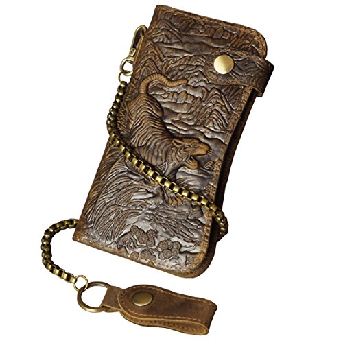 Le'aokuu Mens Genuine Leather Bifold Wallet Organizer Checkbook Iron Chain (Light Brown Tiger)