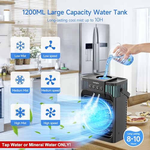 Portable Air Conditioners, 4-in-1 Evaporative Air Cooler with Remote Control, Cooling Fan with 3 Modes, 3 Speeds & 7 LED Lights, 2-8H Timer, 1200ML Personal Mini AC Unit for Home, Bedroom and Office