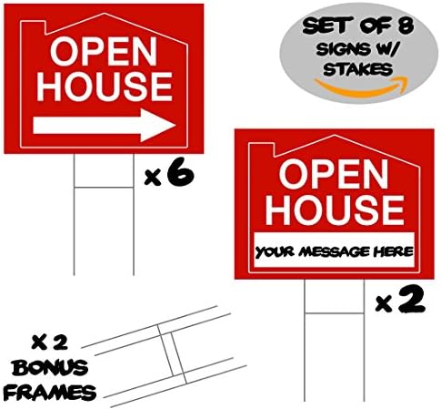 8 Open House Signs For Real Estate With H Frames. 6 Real Estate Directional Signs With Arrows And 2 Signs Without. Open House Yard Sign Kit Includes 2 Extra H-frames. 18" Tall X 24" Wide (Red)