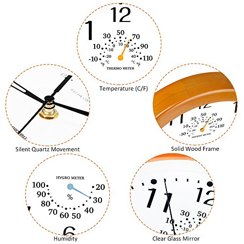 Egundo 10 Inch Silent Wooden Wall Clock,Quartz Movement Battery