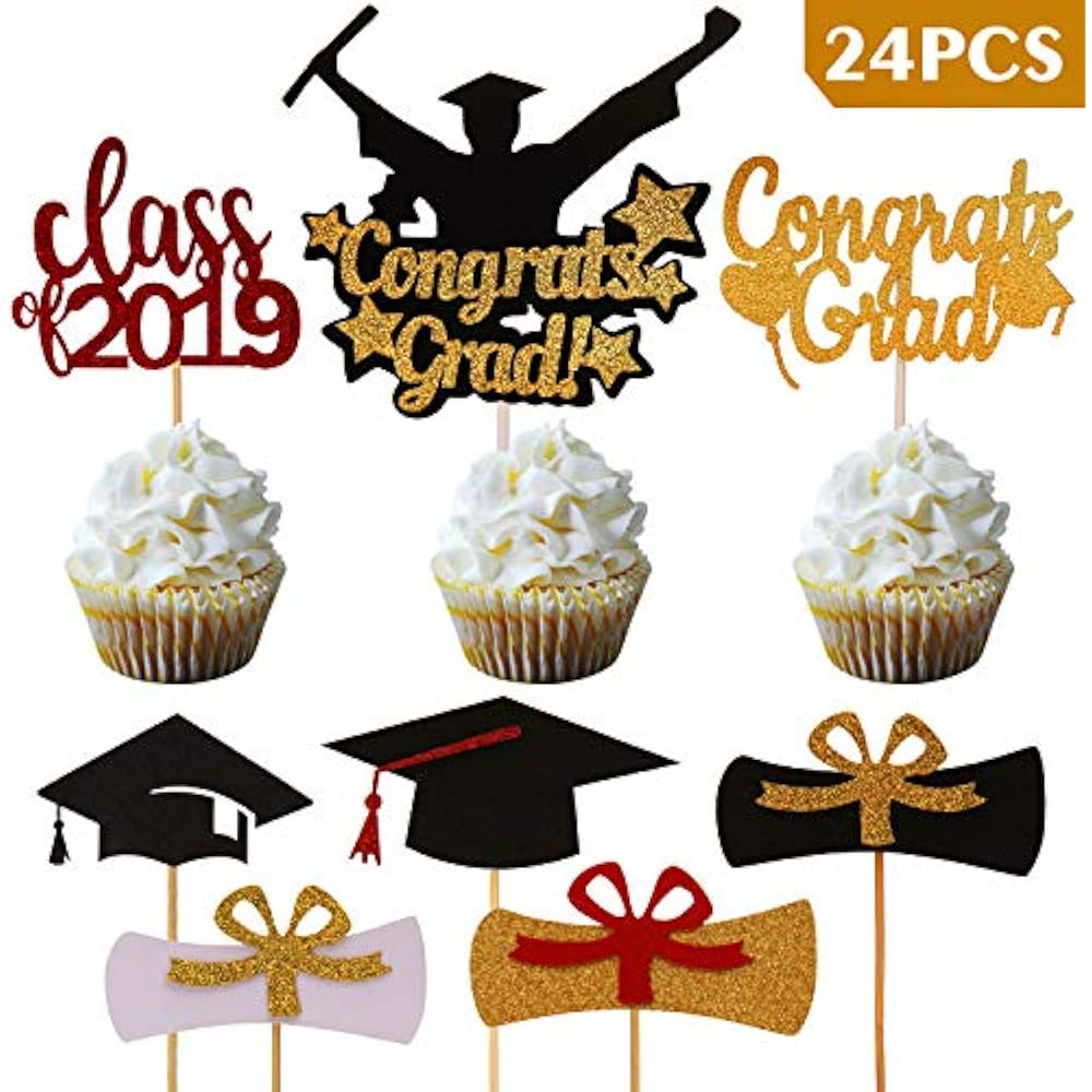 Graduation Cupcake Toppers Kit, Congrat Grads Caps For Party Supplies