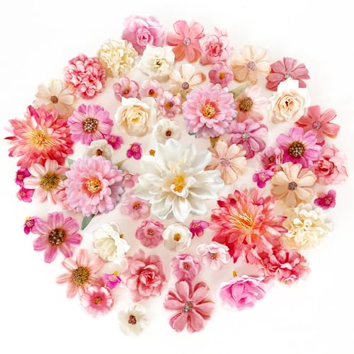 ROLLWAY Pack of 60 Artificial Flowers for Crafts Pink White 18 Types Small Artificial Flowers for Crafts Flower Heads 2 - 8 cm, Mini Artificial Flowers Decorative Flower Heads Fake Flower Decoration for DIY Wedding Cake Decoration