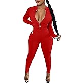 LAGSHIAN Women's Sexy Casual Long Sleeve V Neck Zipper One Piece Bodycon Jumpsuit